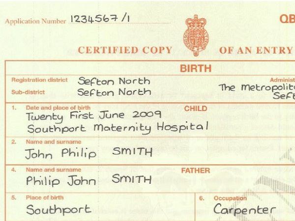 Specimen birth certificate
