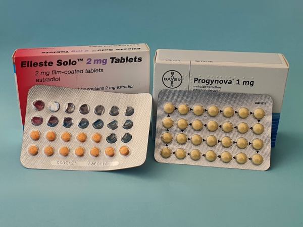 Blister packs of two brands of oestrogen pills