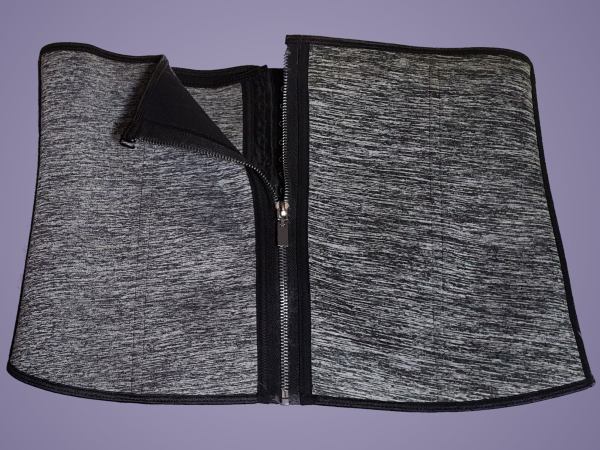 A picture of an elasticated neoprene material 'waist trainer' type corset garment, with hook & loop and zip fasteners
