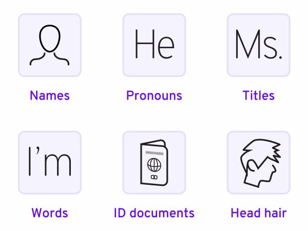 Six icons from the Gender Construction Kit home page. The first row has icons for 'Words', 'ID documents', and 'Head hair'. The second row has icons for 'Body hair', 'Voice', and 'Clothes'.